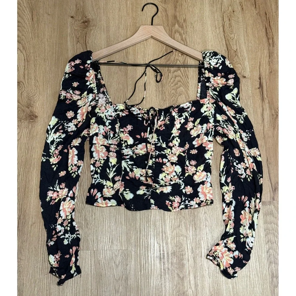Free People Hilary Printed Top Black Combo Size Medium Crop Boho NWT $98